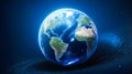 Transparent globe of Earth planet from blue glowing particulars on blue background Royalty Free Stock Photo