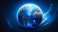 Transparent globe of Earth planet from blue glowing particulars on blue background Royalty Free Stock Photo