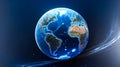 Transparent globe of Earth planet from blue glowing particulars on blue background Royalty Free Stock Photo