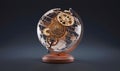 A transparent globe showcases a small rotating planet surrounded by intricate gears of various sizes against a dark background