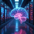 Transparent glowing brain with digital data streams floats in server room. Futuristic AI concept. Network and big data Royalty Free Stock Photo