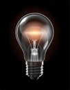 Transparent glowing bulb with a yellow filament of incandescence on a black background. Highly realistic illustration