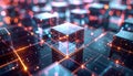 Transparent glowing cubes interconnected by orange light lines on a dark digital grid abstract Royalty Free Stock Photo