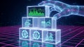 Futuristic digital hand building a glowing tower of transparent cubes representing technological advancements and data Royalty Free Stock Photo