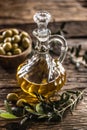 Transparent, golden olive oil is designed with olives in wooden bowl and leaves of olives