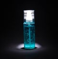 Transparent green bottle with after shave gel for men on a black background, isolate. Cosmetic, cream