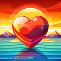 Transparent heart and red heart on sunset sea surface 3D Rendering Royalty Free Stock Photo