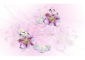 Transparent hearts with white lilies and asters on a pink background