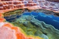 transparent hot spring against vibrant-colored mineral deposits