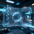 Transparent HUD interface design overlayed on blurred tech background Royalty Free Stock Photo