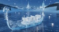 A transparent ice boat with intricate snowflake carvings floats on a frozen lake.