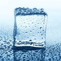 Transparent ice cube with reflection on blue glass with water drops Royalty Free Stock Photo