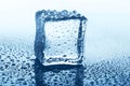 Transparent ice cube with reflection on blue glass with water drops Royalty Free Stock Photo