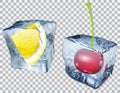 Transparent ice cubes with lemon and cherry Royalty Free Stock Photo