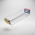Transparent insert tray with color-coded handles, floating in mid air horizontally, on solid white background Royalty Free Stock Photo