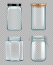 Transparent jar. Empty glass bottles liquid food containers vector realistic mockup Royalty Free Stock Photo