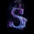 transparent letter S with purple white smoke on black background generative AI