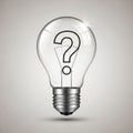 A transparent light bulb with a metallic base contains a large black question mark inside. The bulb Royalty Free Stock Photo