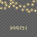 Transparent lights garland, seamless border. Festive decoration, shiny Christmas lights, isolated on transparent background.