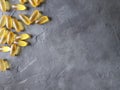 Transparent matte yellow gel capsules of omega and fish oil on a gray concrete background. The concept of a healthy Royalty Free Stock Photo