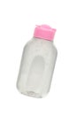 Transparent micellar cleansing water. Makeup cleanser for face skin. Plastic Bottle with pink lid , isolated on white background Royalty Free Stock Photo