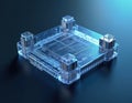 Transparent microfluidic chip, glowing blue, shows intricate channels inside. 3d render modern lab device for precise fluid Royalty Free Stock Photo