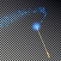 Transparent Miracle blue magical wand stick with sparkle trail. Vector illustration.