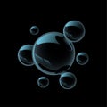 Transparent molecule on a black background. Bubbles with light reflex. Royalty Free Stock Photo