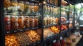 A transparent monitor integrated into a smart vending machine, displaying product images, prices