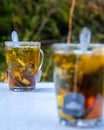 Transparent mug with tea. Brewing tea in bag. Brewing herbal tea. Herbal tea Royalty Free Stock Photo