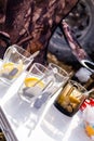 Transparent mug with tea. Tea with lemon. Brewing tea in bag Royalty Free Stock Photo