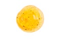 Transparent orange cosmetic sample texture with bubbles isolated on white background. Swatch of cosmetic peeling gel with fruits.