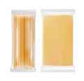Transparent packaging with cheese and pasta Royalty Free Stock Photo