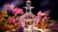 Transparent perfume bottle, flower, product photography