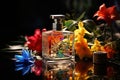 Transparent perfume bottle, flower, product photography