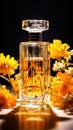 Transparent perfume bottle, flower, product photography