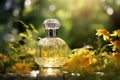 Transparent perfume bottle, flower, product photography