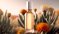 Transparent perfume bottle surrounded with flowers Royalty Free Stock Photo