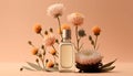 Transparent perfume bottle surrounded with flowers Royalty Free Stock Photo