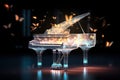 A transparent piano floats in the air, butterfly light