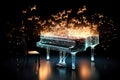 A transparent piano floats in the air, butterfly light