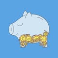 Transparent Piggy Bank with Coins. Satisfied Pig with cents. Dollar symbol. Savings, investment, personal finance. Royalty Free Stock Photo