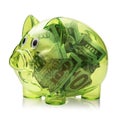 Transparent piggy bank full of dollar bills isolated on white background Royalty Free Stock Photo