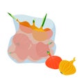 Transparent plastic bag with yellow & orange onion, store goods, packaging for delivery