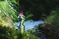 Transparent plastic A bottle of clean water with a red lid stands in the grass and moss on the background of a rugged