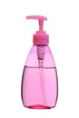 Transparent plastic bottle with liquid soap and pink sanitizer. Isolated on a white background Royalty Free Stock Photo