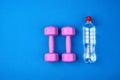 Transparent plastic bottle of water and a pair of purple plastic dumbbells