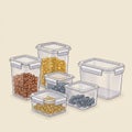 Transparent plastic containers of varying sizes are arranged on a light background. Royalty Free Stock Photo
