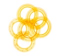 Plastic eyelet curtain hanging rings for poles, yellow, isolated on white. Clip together.