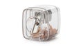 Transparent plastic pencil sharpener with a metal blade inside, featuring a rectangular design. The Royalty Free Stock Photo
